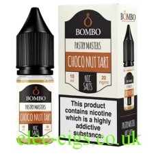 Image shows the bottle and box containing the Choco Nut Tart 10ML Nicotine Salt from Bombo Bar Juice