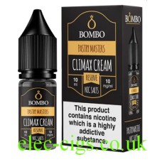 Image shows the box and the bottle containing the Climax Cream Reserve 10ML Nicotine Salt from Bombo Bar Juice