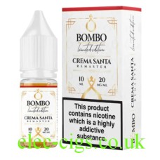 Image shows the box and the bottle of Crema Santa Remaster 10ML Nicotine Salt from Bombo Bar Juice