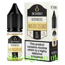 Image shows the bottle and box containing the Master Custard 10ML Nicotine Salt from Bombo Bar Juice