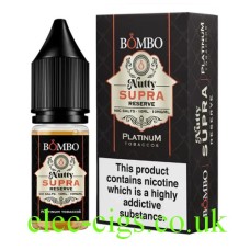 Image shows the bottle and box containing the Nutty Supra Reserve 10ML Nicotine Salt from Bombo Bar Juice