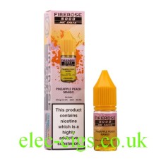 Image show the Pineapple Peach Mango 10ML Nic-Salt E-liquid by FireRose 5000, including its box on a white background