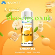 Colourful image showing the Hayati Pro Max 100ML 70-30 E-Liquid Banana Ice