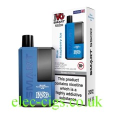 The image shows the device, an IVG Smart 5500 Blue Raspberry Ice, which is a predominantly blue colour together with its outer box which is white with an image of the device in the front. All on a plain white background