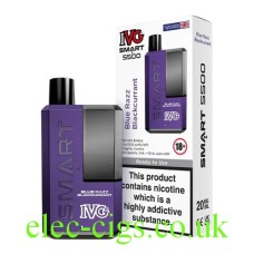 The image shows the device, an IVG Smart 5500 Blue Razz Blackcurrant, which is a predominantly purple colour together with its outer box which is white with an image of the device in the front. All on a plain white background