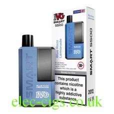 The image shows the device, an IVG Smart 5500 Blue Razz Lemonade, which is a predominantly blue colour together with its outer box which is white with an image of the device in the front. All on a plain white background