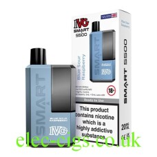 The image shows the device, an IVG Smart 5500 Blue Sour Raspberry, which is a predominantly blue colour together with its outer box which is white with an image of the device in the front. All on a plain white background