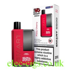 The image shows the device, an IVG Smart 5500 Fizzy Cherry, which is a predominantly Red colour together with its outer box which is white with an image of the device in the front. All on a plain white background