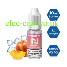 Nicohit Peach Ice  E-Liquid with some of the ingredients around it