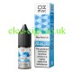 Image shows the bottle and the box containing the Ox Mist 10ML Nicotine Salt E-Liquid Blue Razz ice