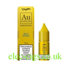 A gold coloured box and the 10ML Bottle of Blue Fusion from AU Gold Bar Vape Salts 