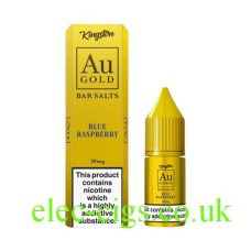 A gold coloured box and the 10ML Bottle of Blue Raspberry from AU Gold Bar Vape Salts