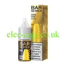 This image shows a bottle of Bar Series Gold Edition 10ML Nic-Salt Banana Mango in front of the box it is delivered in, both with highly coloured illustrations which are similar to each other.