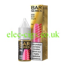 This image shows a bottle of Bar Series Gold Edition 10ML Nic-Salt Berry Blast in front of the box it is delivered in, both with highly coloured illustrations which are similar to each other.