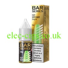 This image shows a bottle of Bar Series Gold Edition 10ML Nic-Salt Fizzy White Grape in front of the box it is delivered in, both with highly coloured illustrations which are similar to each other.