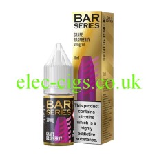 This image shows a bottle of Bar Series Gold Edition 10ML Nic-Salt Grape Raspberry in front of the box it is delivered in, both with highly coloured illustrations which are similar to each other.