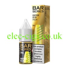 This image shows a bottle of Bar Series Gold Edition 10ML Nic-Salt Honeydew Melon in front of the box it is delivered in, both with highly coloured illustrations which are similar to each other.