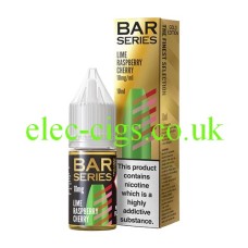 This image shows a bottle of Bar Series Gold Edition 10ML Nic-Salt Lime Raspberry Cherry in front of the box it is delivered in, both with highly coloured illustrations which are similar to each other.