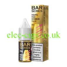 This image shows a bottle of Bar Series Gold Edition 10ML Nic-Salt Pineapple Peach Watermelon in front of the box it is delivered in, both with highly coloured illustrations which are similar to each other.