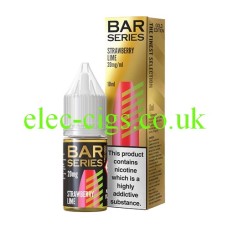 This image shows a bottle of Bar Series Gold Edition 10ML Nic-Salt Strawberry Lime in front of the box it is delivered in, both with highly coloured illustrations which are similar to each other.