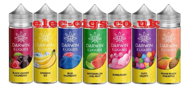 Image shows several of the flavours available in the Darwin 100ML E-Liquids Range