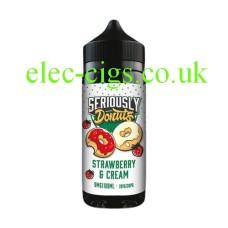 Black Bottle with white and multi colour label containing the Doozy Seriously Donuts E-Liquid 100ML Strawberry and Cream