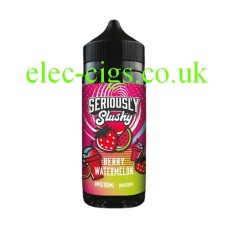 Black bottle with red and yellow label containing the Doozy Seriously Slushy E-Liquid 100ML Berry Watermelon