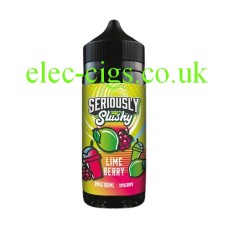 Black bottle with a multi colour label containing the Doozy Seriously Slushy E-Liquid 100ML Lime Berry