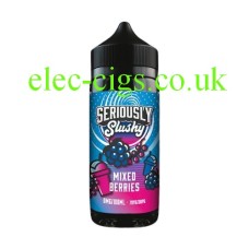 Black bottle with blue and pink label containing the Doozy Seriously Slushy E-Liquid 100ML Mixed Berries