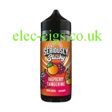 Black bottle with orange and pink label containing the Doozy Seriously Slushy E-Liquid 100ML Raspberry Tangerine