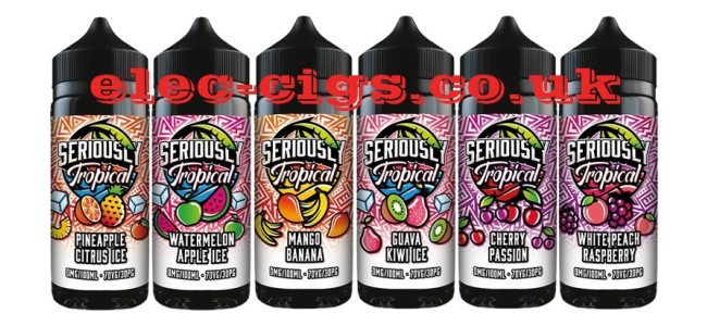 Image shows the whole range of Doozy Seriously Tropical 100ML E-Liquids