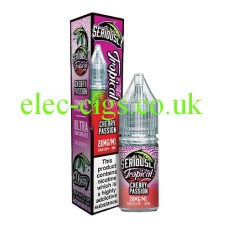 This shows a purple and red box together with a purple and red bottle of Doozy Seriously Tropical Cherry Passion 10ml Nic Salts with a label decorated in a similar way to the box