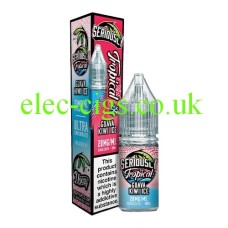 This shows a pink and blue box together with a pink and blue bottle of Doozy Seriously Tropical Guava Kiwi Ice 10ml Nic Salts with a label decorated in a similar way to the box