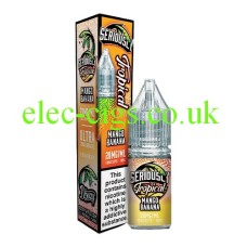 This shows a orange and yellow box together with a orange and yellow bottle of Doozy Seriously Tropical Mango Banana 10ml Nic Salts with a label decorated in a similar way to the box