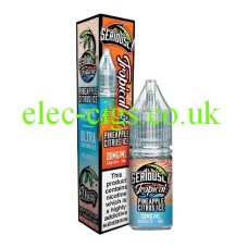 This shows a orange and blue box together with a orange and blue bottle of Doozy Seriously Tropical Pineapple Citrus Ice 10ml Nic Salts with a label decorated in a similar way to the box