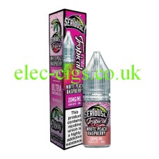 This shows a pink box together with a pink bottle of Doozy Seriously Tropical White Peach Raspberry 10ml Nic Salts with a label decorated in a similar way to the box