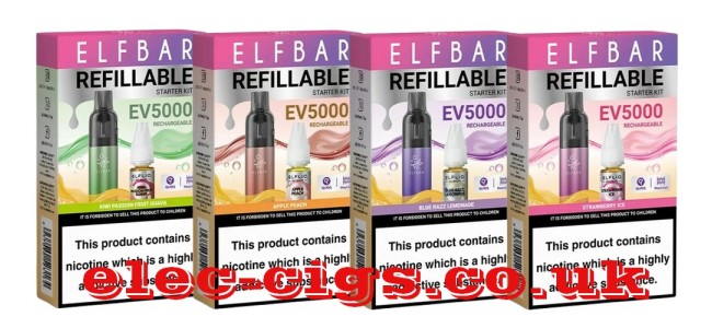 Image displays four of the boxes which contain the Elfbar EV5000 Refillable Rechargeable Disposable Vape Kit