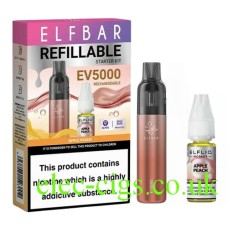 this shows the Elfbar EV5000 Refillable Rechargeable Disposable Vape Kit Apple Peach, its box, and the the e-liquid supplied with it