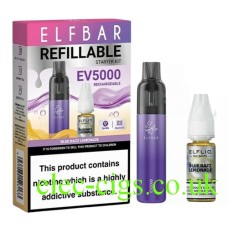 This shows the Elfbar EV5000 Refillable Rechargeable Disposable Vape Kit Blue Razz Lemonade, its box, and the the e-liquid supplied with it