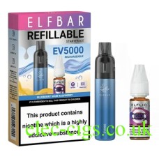 This shows the Elfbar EV5000 Refillable Rechargeable Disposable Vape Kit Blueberry Sour Raspberry, its box, and the the e-liquid supplied with it