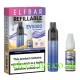 This shows the Elfbar EV5000 Refillable Rechargeable Disposable Vape Kit Blueberry, its box, and the the e-liquid supplied with it