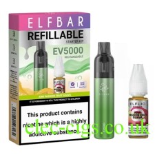 This shows the Elfbar EV5000 Refillable Rechargeable Disposable Vape Kit Kiwi Passionfruit Guava, its box, and the the e-liquid supplied with it