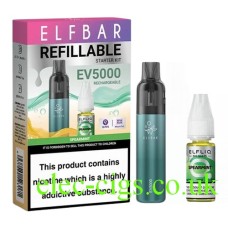 This shows the Elfbar EV5000 Refillable Rechargeable Disposable Vape Kit Spearmeint, its box, and the the e-liquid supplied with it