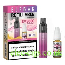 This shows the Elfbar EV5000 Refillable Rechargeable Disposable Vape Kit Strawberry Ice, its box, and the the e-liquid supplied with it