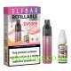 This shows the Elfbar EV5000 Refillable Rechargeable Disposable Vape Kit Strawberry Kiwi, its box, and the the e-liquid supplied with it