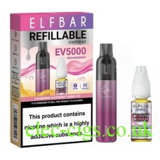 This shows the Elfbar EV5000 Refillable Rechargeable Disposable Vape Kit Strawberry Raspberry Cherry Ice, its box, and the the e-liquid supplied with it