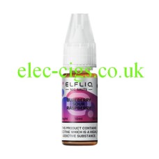 The image simply shows a bottle of Elfliq Blueberry Sour Raspberry 10ml Nic-Salt on a white background