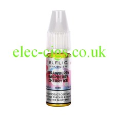 The image simply shows a bottle of Elfliq Strawberry Raspberry Cherry Ice 10ml Nic-Salt on a white background