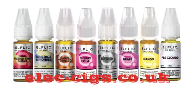 Image shows just 8 of the 39 flavours available in the Elfliq Nicotine Salt E-Liquids by Elf Bar Range