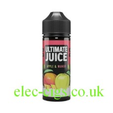 Image shows the bottle of Ultimate Juice Apple and Mango 100 ML E-Liquid with a brightly coloued  label.